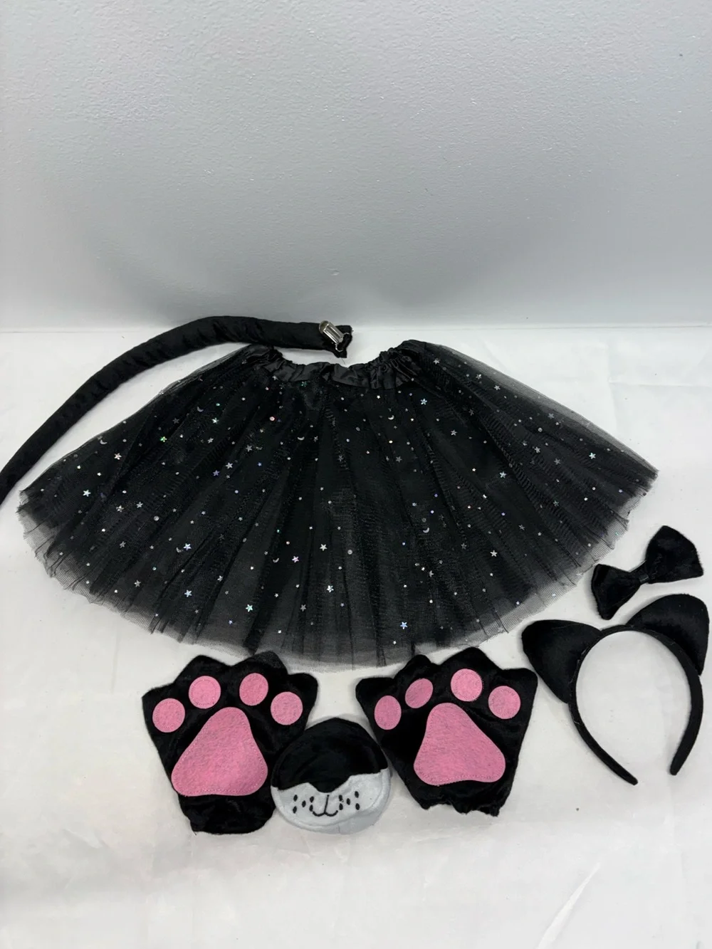 Black Sparkle Tulle Cat Costume Set for Kids -Headband, Paws&Tail size 6-8 (YS)